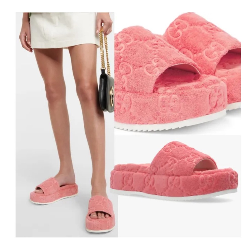 New Gucci GG monogram sponge GG Cotton Terry pink platform slides 36.5 - Picture 2 of 8